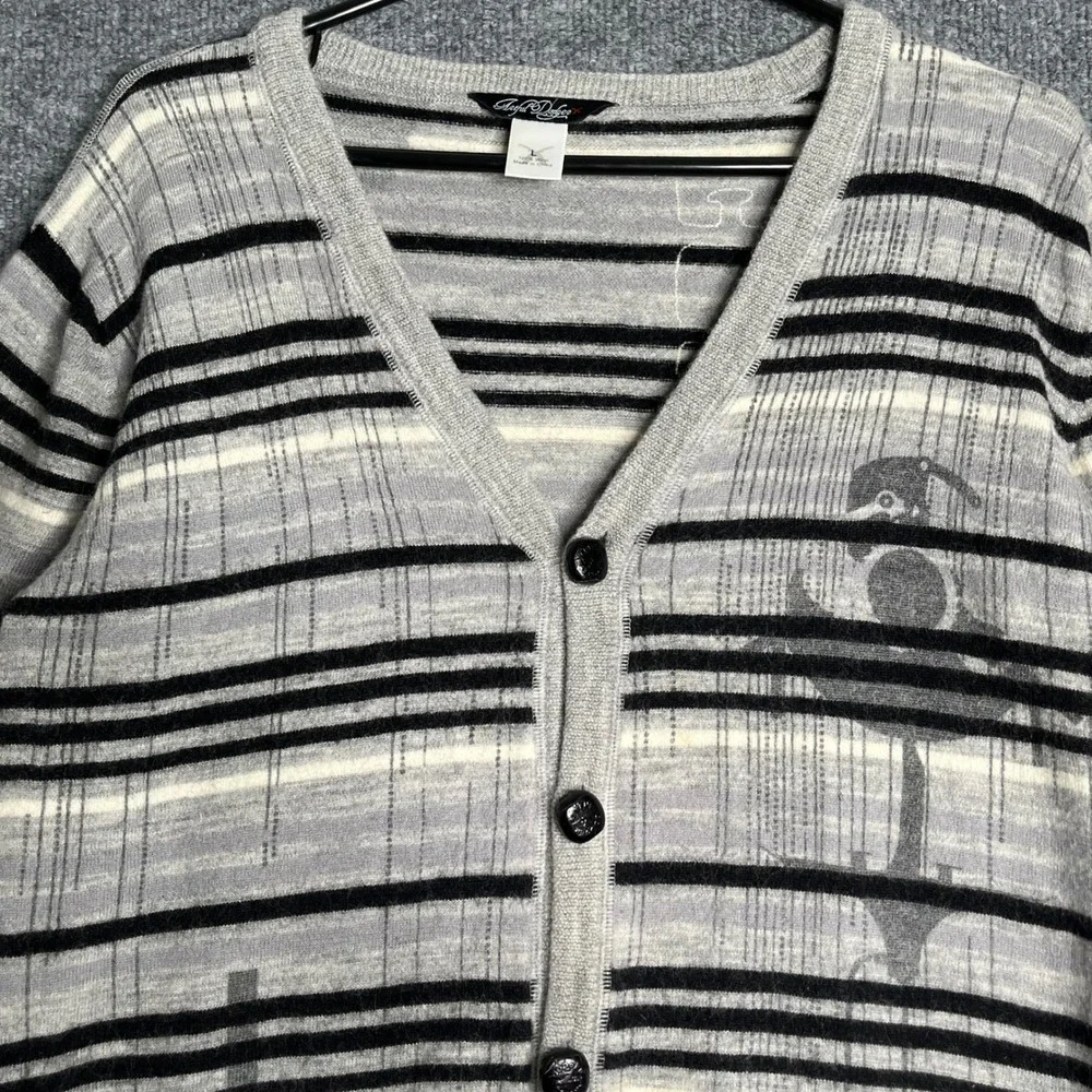 Artful Dodger Mens Grey Striped 100% Wool V-Neck Button Front Cardigan Sweater L